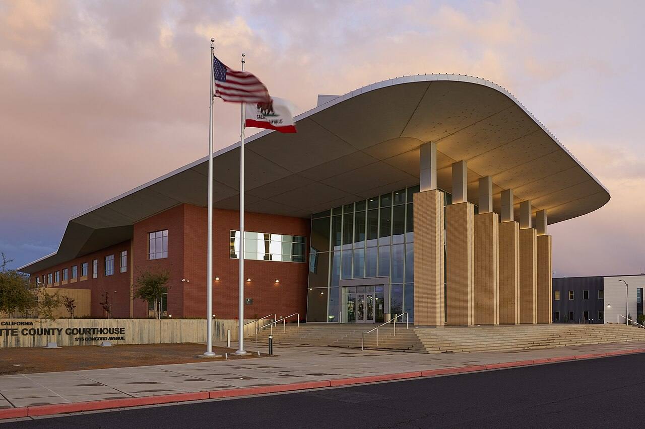 The modern two-story North Butte County Courthouse in the Meriam Park area in Chico, California, on March 15, 2020 (Architect: TSK Architects)