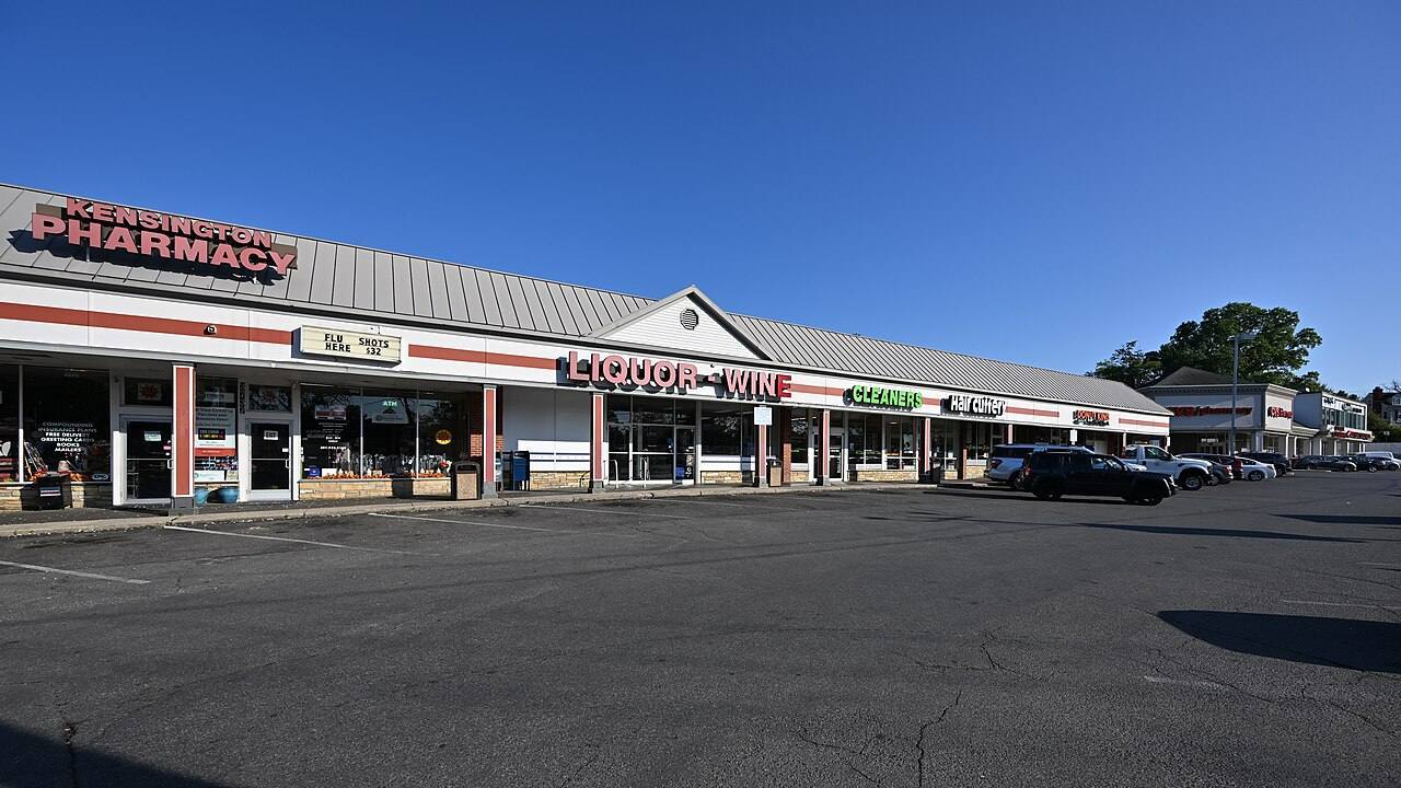 Kensington Pharmacy, Montgomery County Liquor-Wine store, cleaners, Hair Cuttery at the Kensington Triangle strip mall. 3737 University Boulevard West, Kensingt